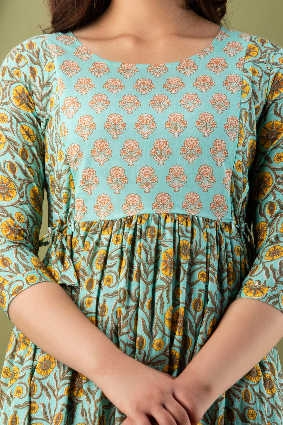 Majestic divas Cotton Aqua Blue Yellow Floral Jaal & Buta Printed Maternity Feeding Kurta Dress with Dual Zippers