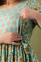 Majestic divas Cotton Aqua Blue Yellow Floral Jaal & Buta Printed Maternity Feeding Kurta Dress with Dual Zippers