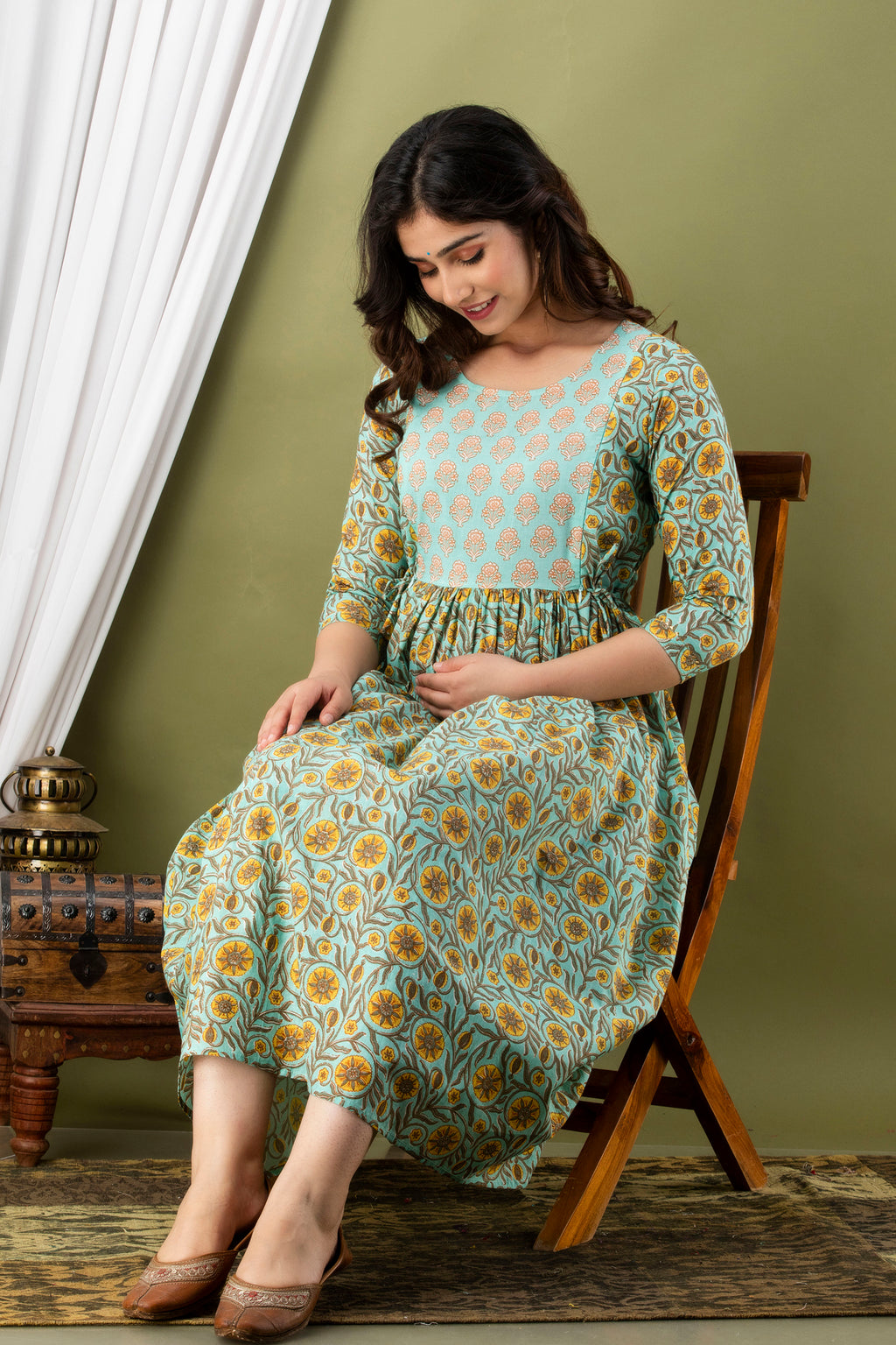 Majestic divas Cotton Aqua Blue Yellow Floral Jaal & Buta Printed Maternity Feeding Kurta Dress with Dual Zippers