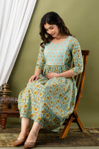 Majestic divas Cotton Aqua Blue Yellow Floral Jaal & Buta Printed Maternity Feeding Kurta Dress with Dual Zippers