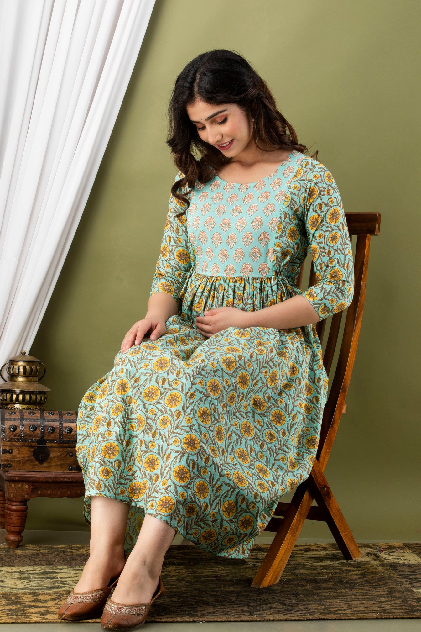 Majestic divas Cotton Aqua Blue Yellow Floral Jaal & Buta Printed Maternity Feeding Kurta Dress with Dual Zippers