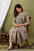Majestic divas Cotton Sage Green Floral Buta Printed Maternity Feeding Kurta Dress with Dual Zippers