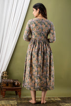 Majestic divas Cotton Sage Green Floral Buta Printed Maternity Feeding Kurta Dress with Dual Zippers