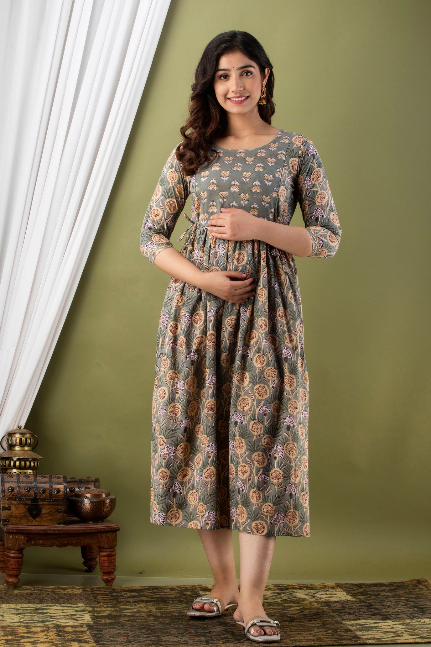 Majestic divas Cotton Sage Green Floral Buta Printed Maternity Feeding Kurta Dress with Dual Zippers Main image