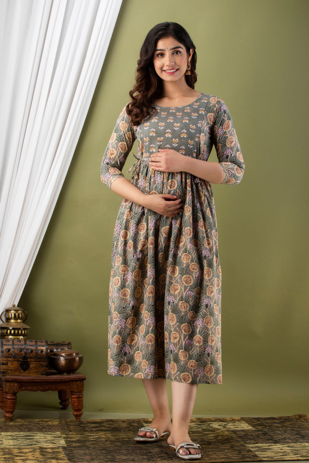 Majestic divas Cotton Sage Green Floral Buta Printed Maternity Feeding Kurta Dress with Dual Zippers