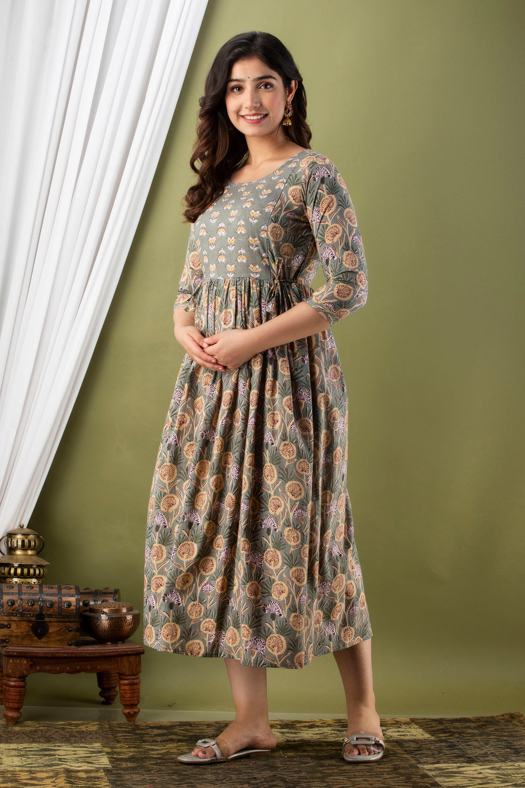 Majestic divas Cotton Sage Green Floral Buta Printed Maternity Feeding Kurta Dress with Dual Zippers
