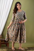 Majestic divas Cotton Sage Green Floral Buta Printed Maternity Feeding Kurta Dress with Dual Zippers
