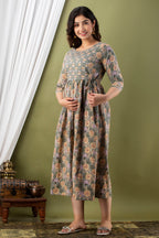 Majestic divas Cotton Sage Green Floral Buta Printed Maternity Feeding Kurta Dress with Dual Zippers