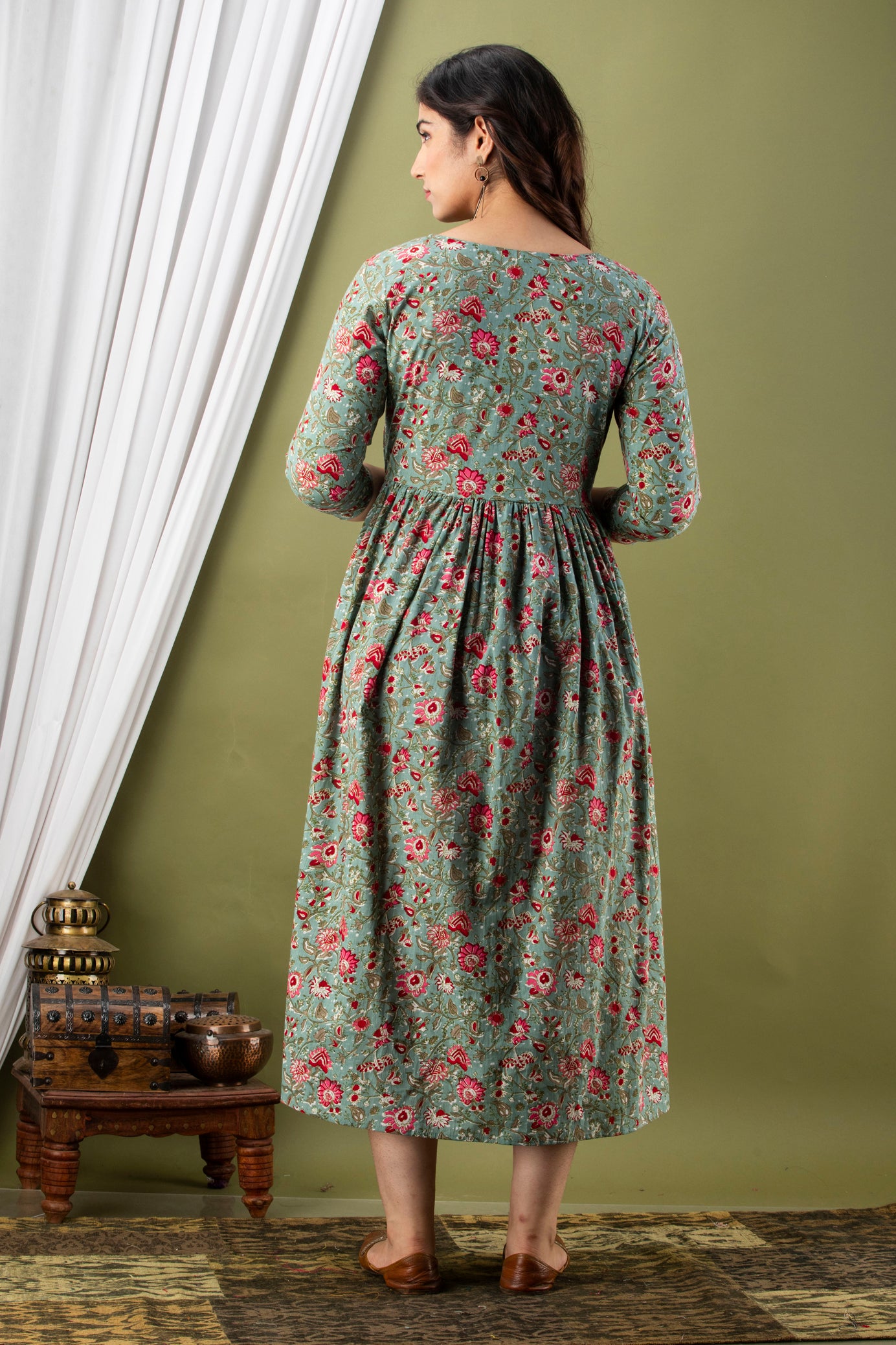 Majestic divas Cotton Olive Green Floral Buta Printed Maternity Feeding Kurta Dress with Dual Zippers Secondary image