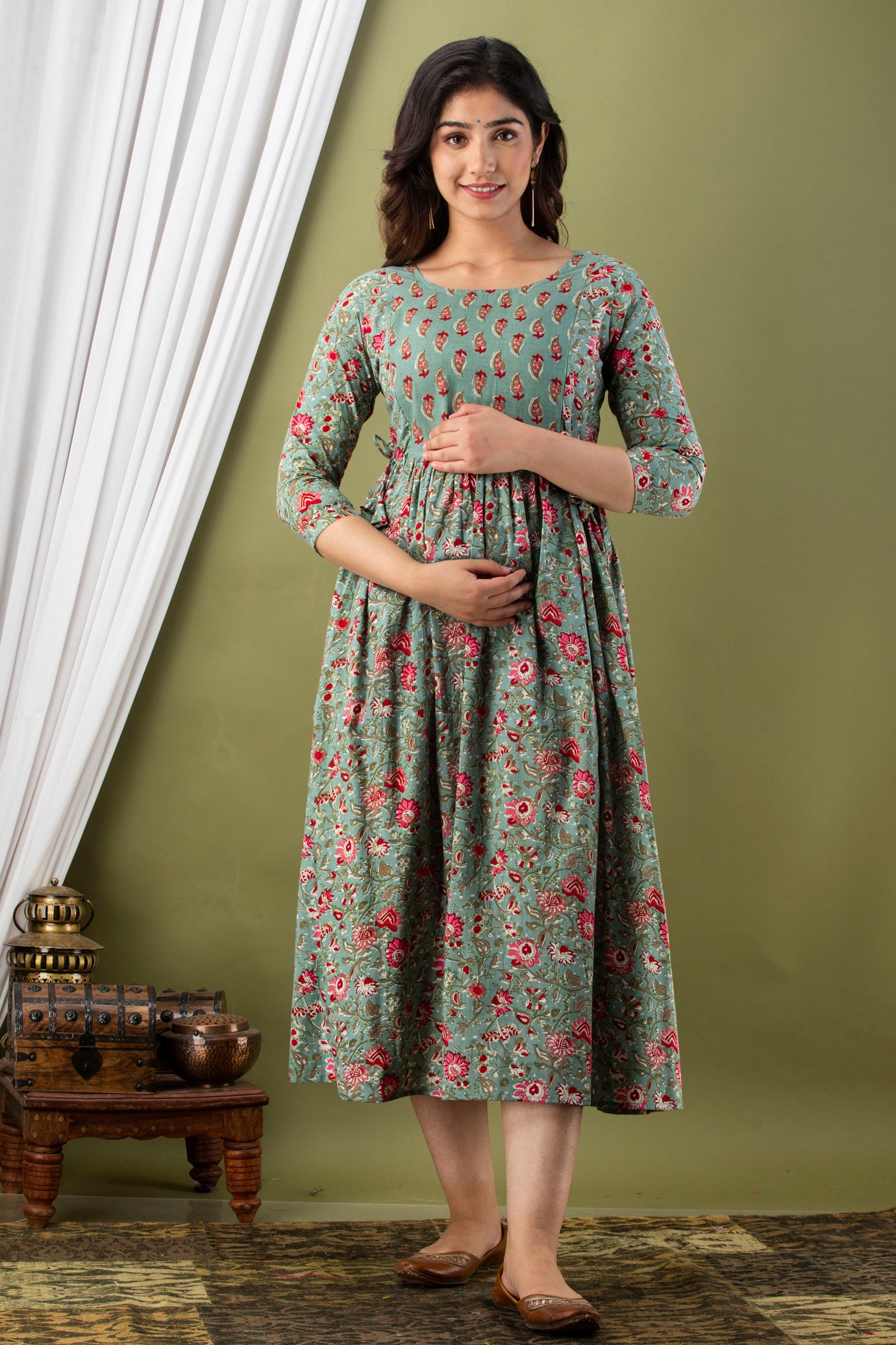 Majestic divas Cotton Olive Green Floral Buta Printed Maternity Feeding Kurta Dress with Dual Zippers Main image