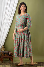 Majestic divas Cotton Olive Green Floral Buta Printed Maternity Feeding Kurta Dress with Dual Zippers