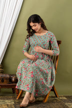 Majestic divas Cotton Olive Green Floral Buta Printed Maternity Feeding Kurta Dress with Dual Zippers