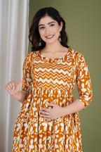 Majestic divas Cotton Mustard Abstract Floral Printed Maternity Feeding Kurta Dress with Dual Zippers