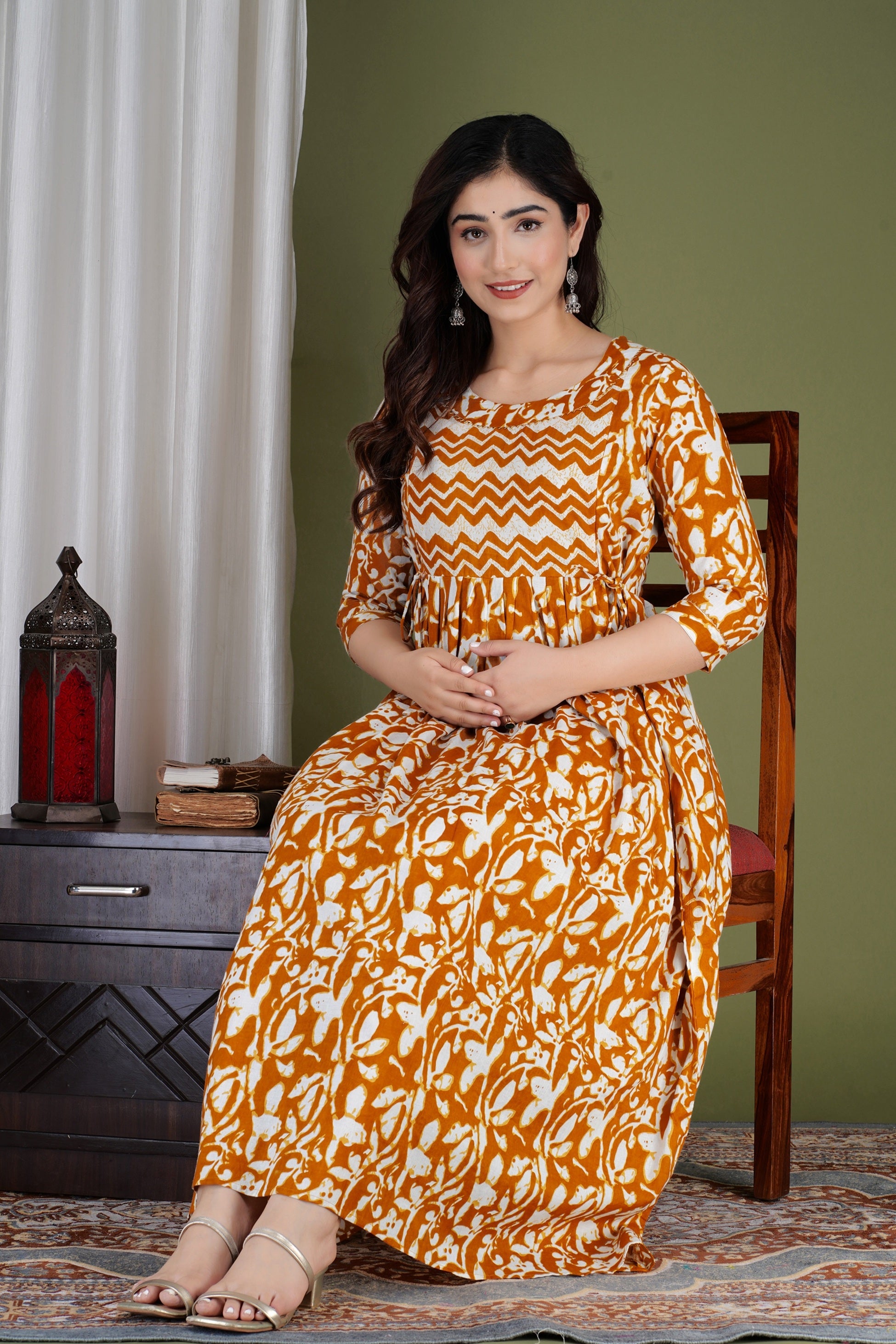 Majestic divas Cotton Mustard Abstract Floral Printed Maternity Feeding Kurta Dress with Dual Zippers Main image