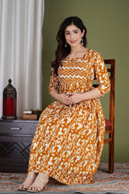 Majestic divas Cotton Mustard Abstract Floral Printed Maternity Feeding Kurta Dress with Dual Zippers