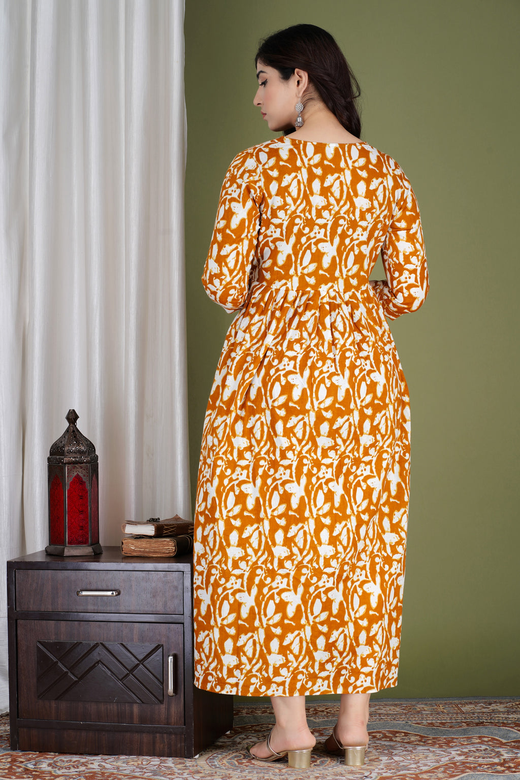 Majestic divas Cotton Mustard Abstract Floral Printed Maternity Feeding Kurta Dress with Dual Zippers