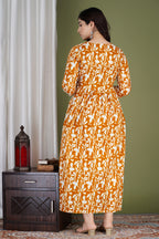 Majestic divas Cotton Mustard Abstract Floral Printed Maternity Feeding Kurta Dress with Dual Zippers