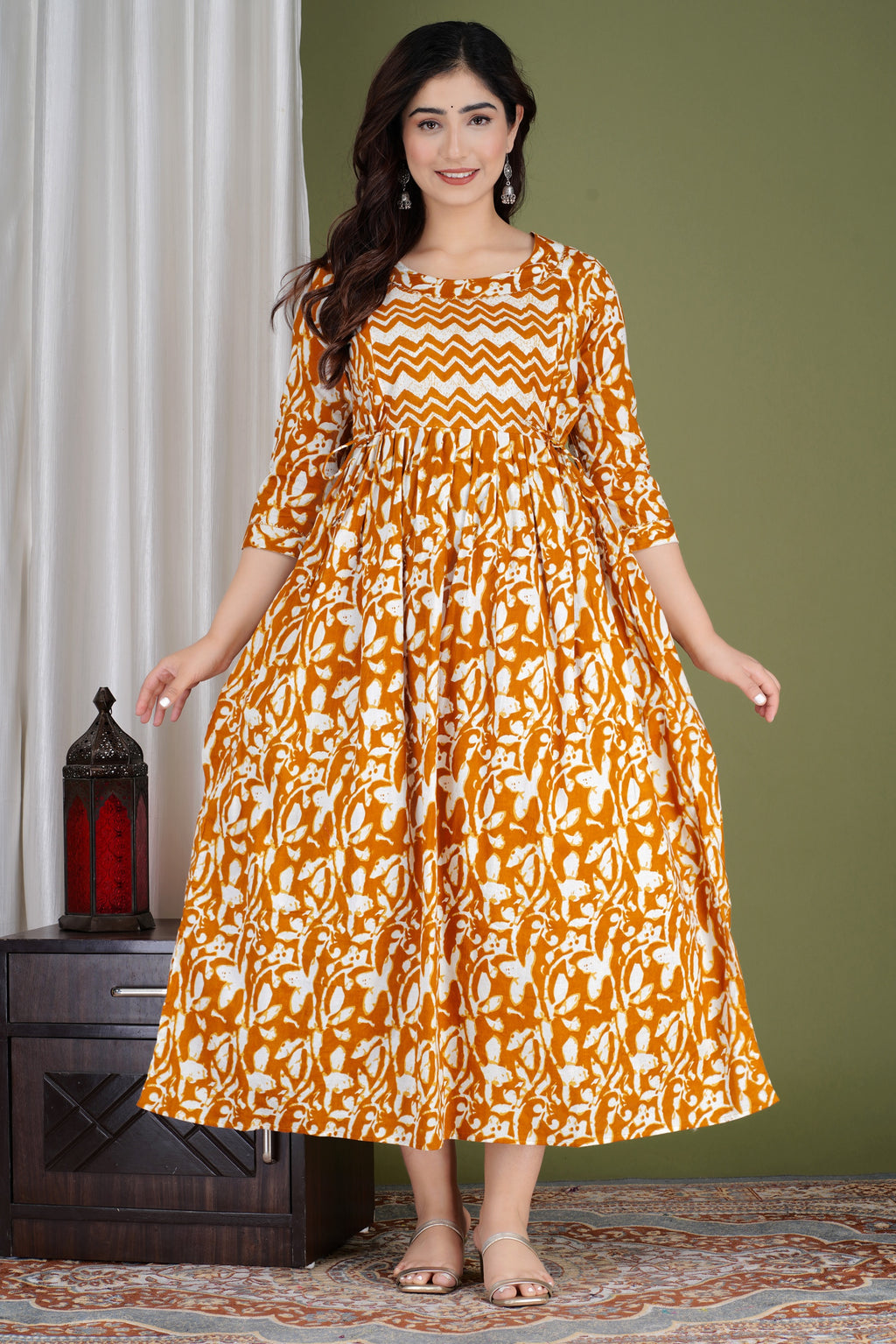 Majestic divas Cotton Mustard Abstract Floral Printed Maternity Feeding Kurta Dress with Dual Zippers