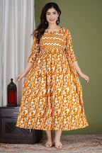 Majestic divas Cotton Mustard Abstract Floral Printed Maternity Feeding Kurta Dress with Dual Zippers