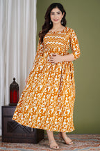 Majestic divas Cotton Mustard Abstract Floral Printed Maternity Feeding Kurta Dress with Dual Zippers