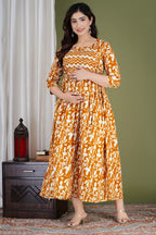 Majestic divas Cotton Mustard Abstract Floral Printed Maternity Feeding Kurta Dress with Dual Zippers