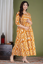 Majestic divas Cotton Mustard Abstract Floral Printed Maternity Feeding Kurta Dress with Dual Zippers