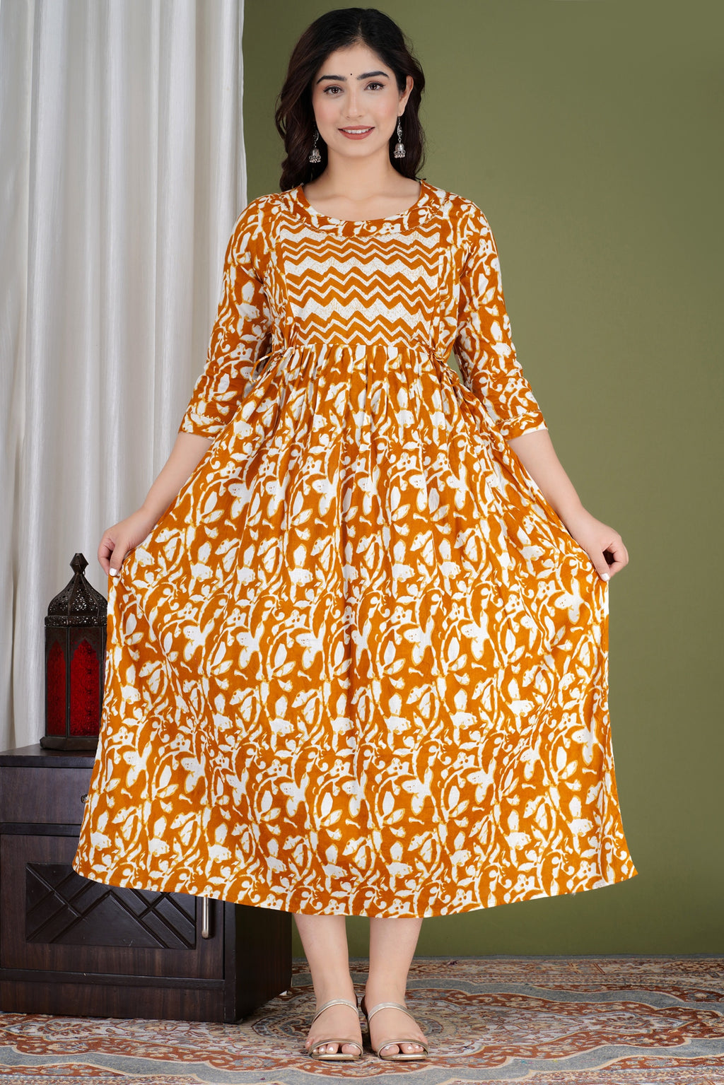 Majestic divas Cotton Mustard Abstract Floral Printed Maternity Feeding Kurta Dress with Dual Zippers