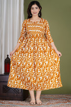 Majestic divas Cotton Mustard Abstract Floral Printed Maternity Feeding Kurta Dress with Dual Zippers