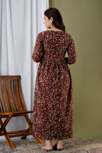 Majestic divas Cotton Maroon Floral & Bird Printed Maternity Feeding Kurta Dress with Dual Zippers