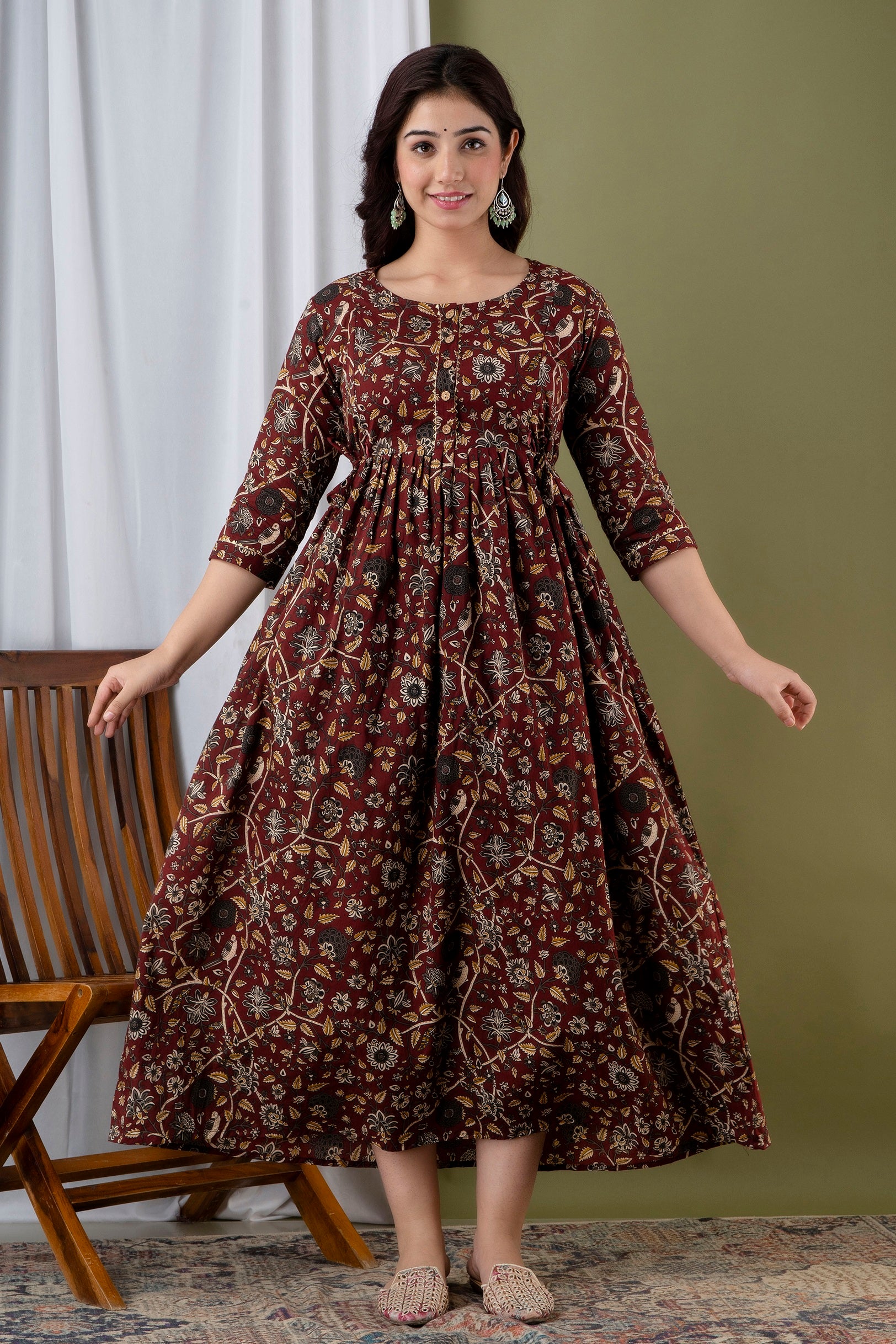 Majestic divas Cotton Maroon Floral & Bird Printed Maternity Feeding Kurta Dress with Dual Zippers Secondary image