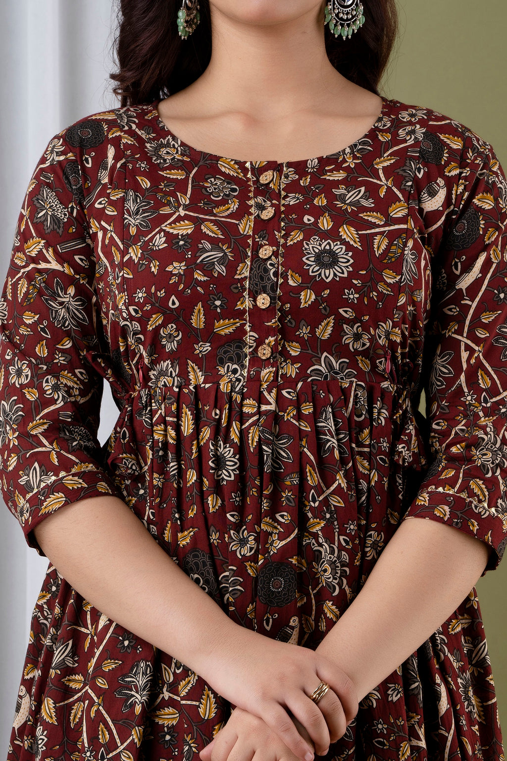 Majestic divas Cotton Maroon Floral & Bird Printed Maternity Feeding Kurta Dress with Dual Zippers