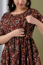 Majestic divas Cotton Maroon Floral & Bird Printed Maternity Feeding Kurta Dress with Dual Zippers