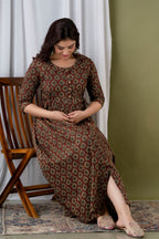 Majestic divas Cotton Maroon Heart Motif Printed Maternity Feeding Kurta Dress with Dual Zippers