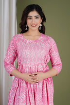 Majestic divas Cotton Pink Floral & Ikat Printed Maternity Feeding Kurta Dress with Dual Zippers & Side Tie-Up