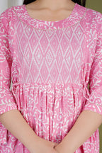 Majestic divas Cotton Pink Floral & Ikat Printed Maternity Feeding Kurta Dress with Dual Zippers & Side Tie-Up