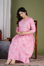 Majestic divas Cotton Pink Floral & Ikat Printed Maternity Feeding Kurta Dress with Dual Zippers & Side Tie-Up