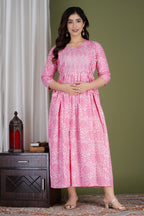 Majestic divas Cotton Pink Floral & Ikat Printed Maternity Feeding Kurta Dress with Dual Zippers & Side Tie-Up