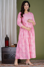 Majestic divas Cotton Pink Floral & Ikat Printed Maternity Feeding Kurta Dress with Dual Zippers & Side Tie-Up