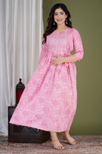 Majestic divas Cotton Pink Floral & Ikat Printed Maternity Feeding Kurta Dress with Dual Zippers & Side Tie-Up