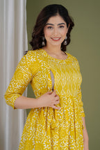 Majestic divas Cotton Yellow Floral Buta Printed Maternity Feeding Kurta Dress with Dual Zippers