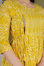 Majestic divas Cotton Yellow Floral Buta Printed Maternity Feeding Kurta Dress with Dual Zippers