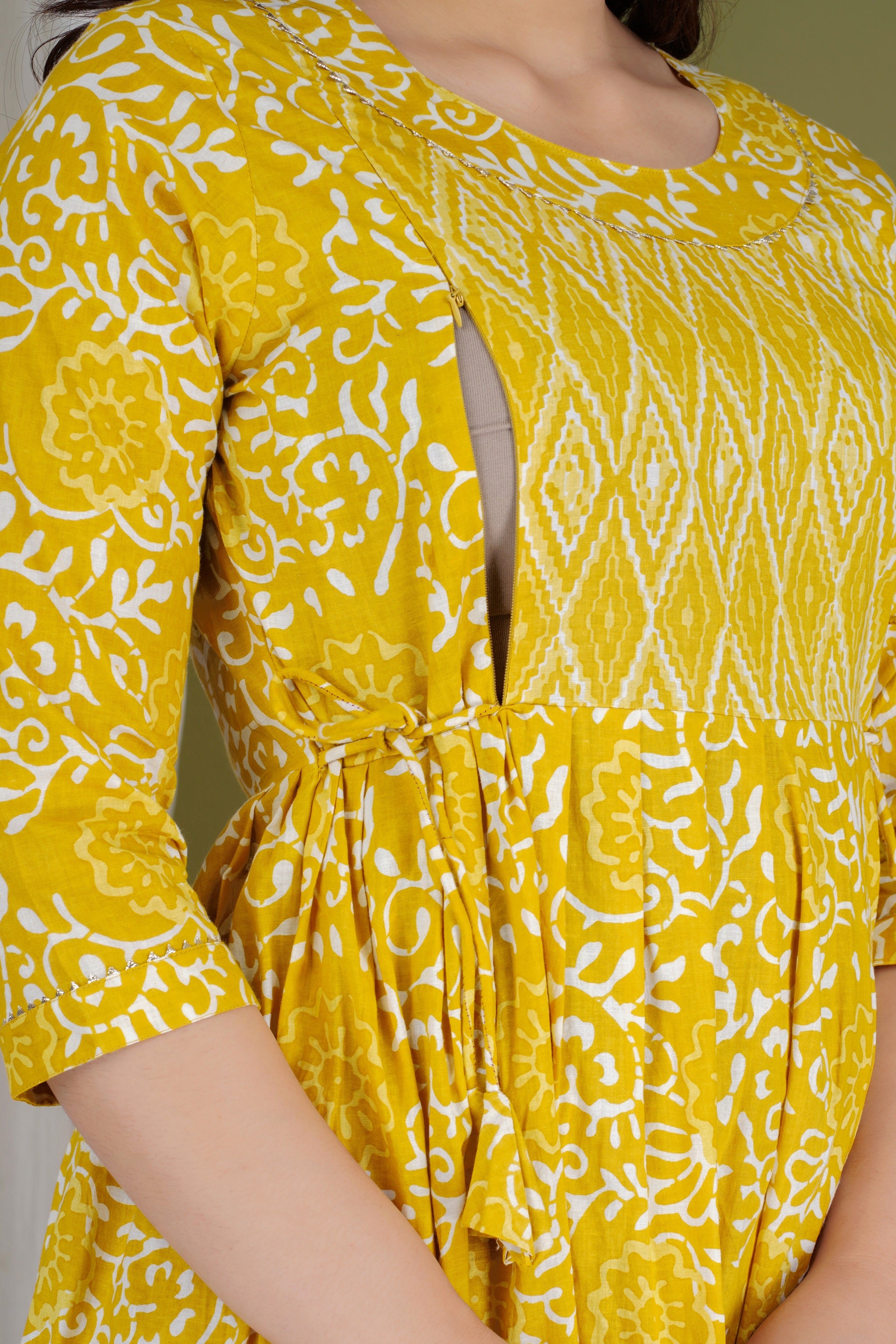 Majestic divas Cotton Yellow Floral Buta Printed Maternity Feeding Kurta Dress with Dual Zippers