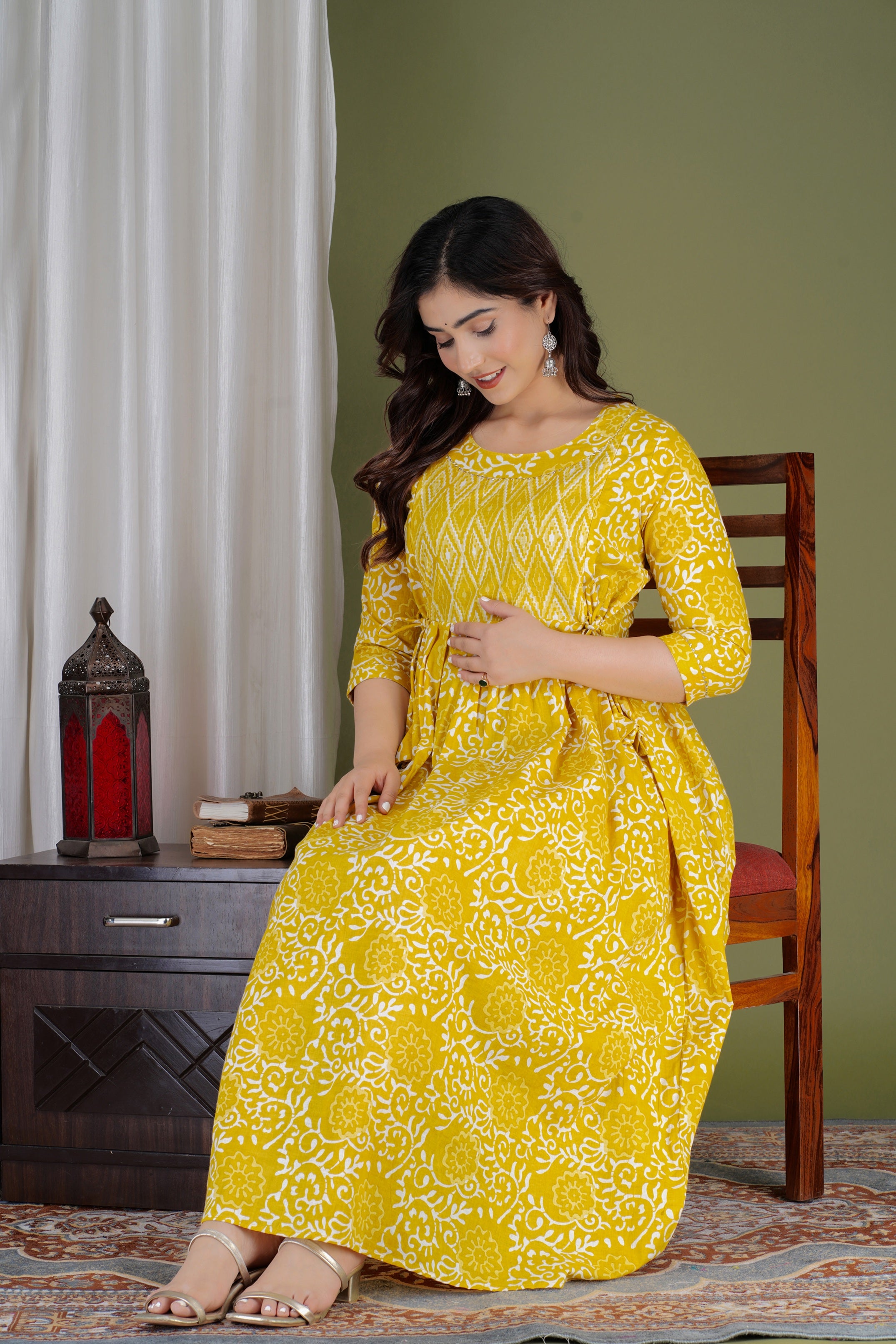Majestic divas Cotton Yellow Floral Buta Printed Maternity Feeding Kurta Dress with Dual Zippers Main image