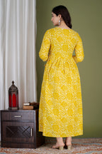 Majestic divas Cotton Yellow Floral Buta Printed Maternity Feeding Kurta Dress with Dual Zippers