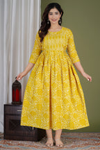 Majestic divas Cotton Yellow Floral Buta Printed Maternity Feeding Kurta Dress with Dual Zippers