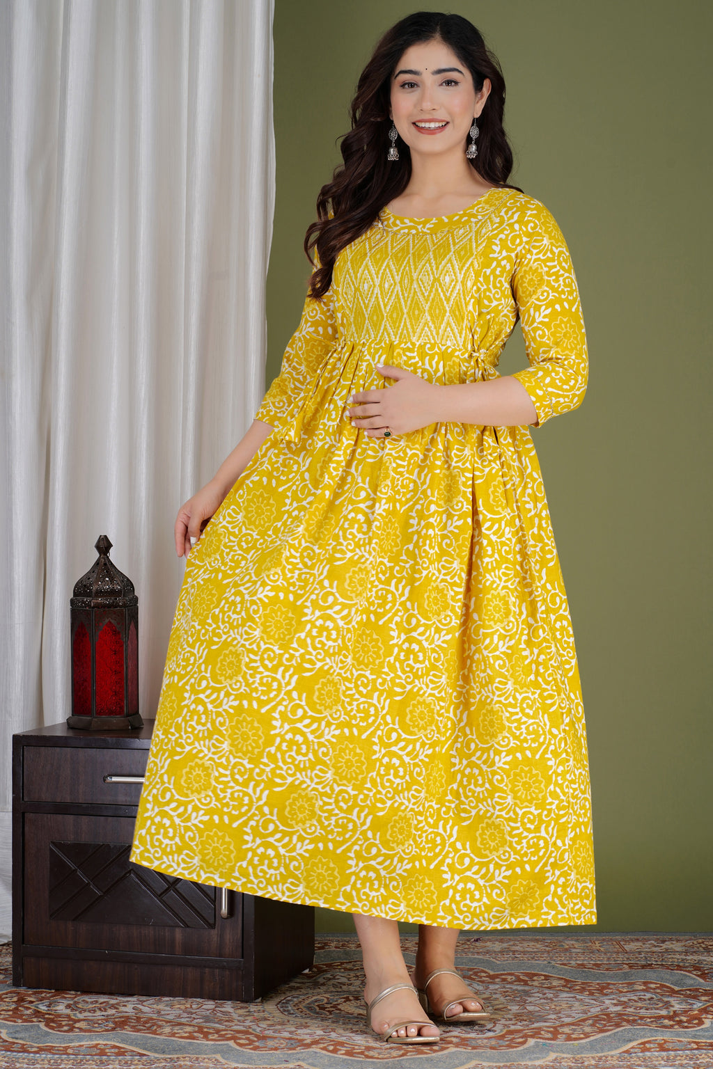Majestic divas Cotton Yellow Floral Buta Printed Maternity Feeding Kurta Dress with Dual Zippers