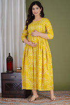 Majestic divas Cotton Yellow Floral Buta Printed Maternity Feeding Kurta Dress with Dual Zippers