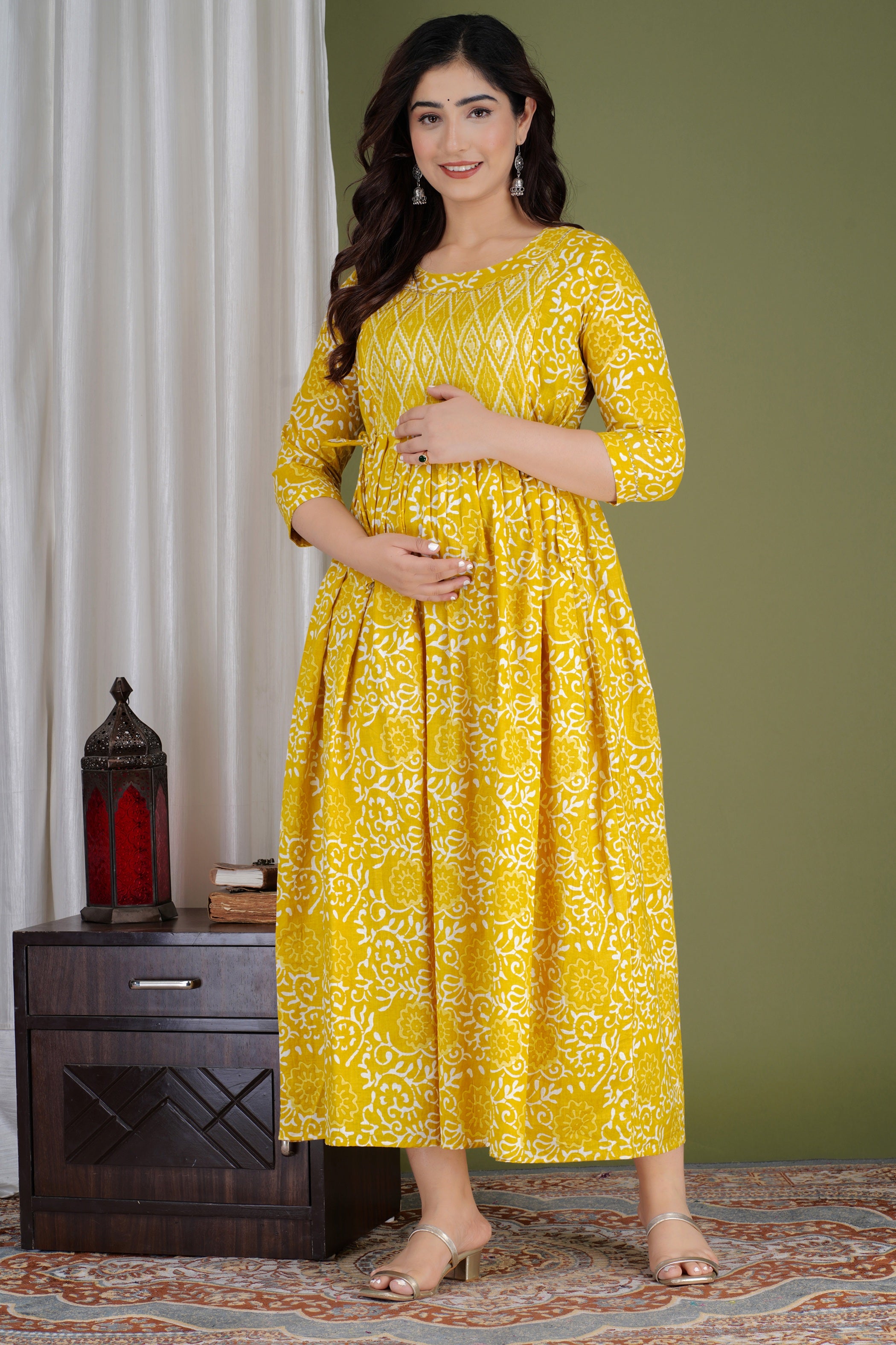 Majestic divas Cotton Yellow Floral Buta Printed Maternity Feeding Kurta Dress with Dual Zippers