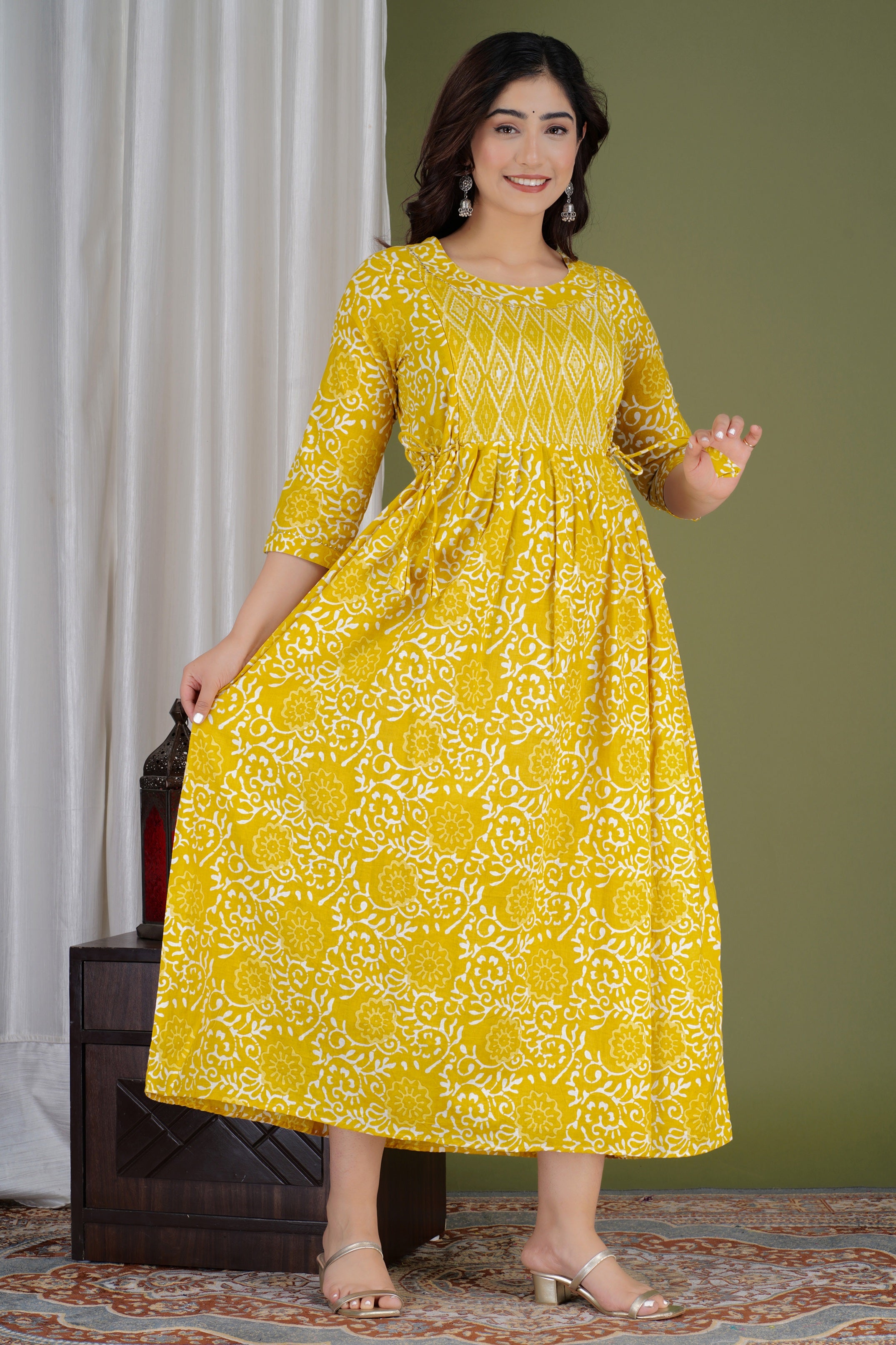Majestic divas Cotton Yellow Floral Buta Printed Maternity Feeding Kurta Dress with Dual Zippers