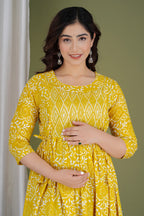 Majestic divas Cotton Yellow Floral Buta Printed Maternity Feeding Kurta Dress with Dual Zippers